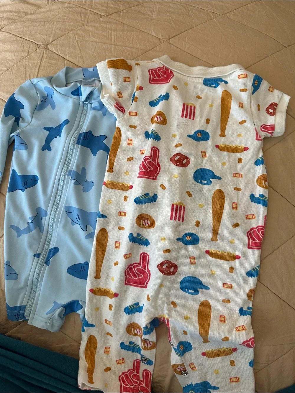 Monica and Andy Baseball Romper & Shark Swimsuit